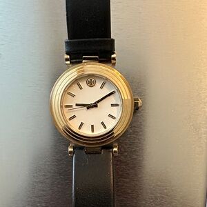 Tory Burch Gold-Tone Round Watch with White Dial and Black Strap